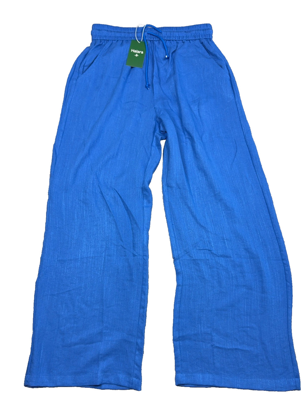 Halara Pants Womens M Blue Wide Leg High Waist Drawstring Linen Feel NWT
